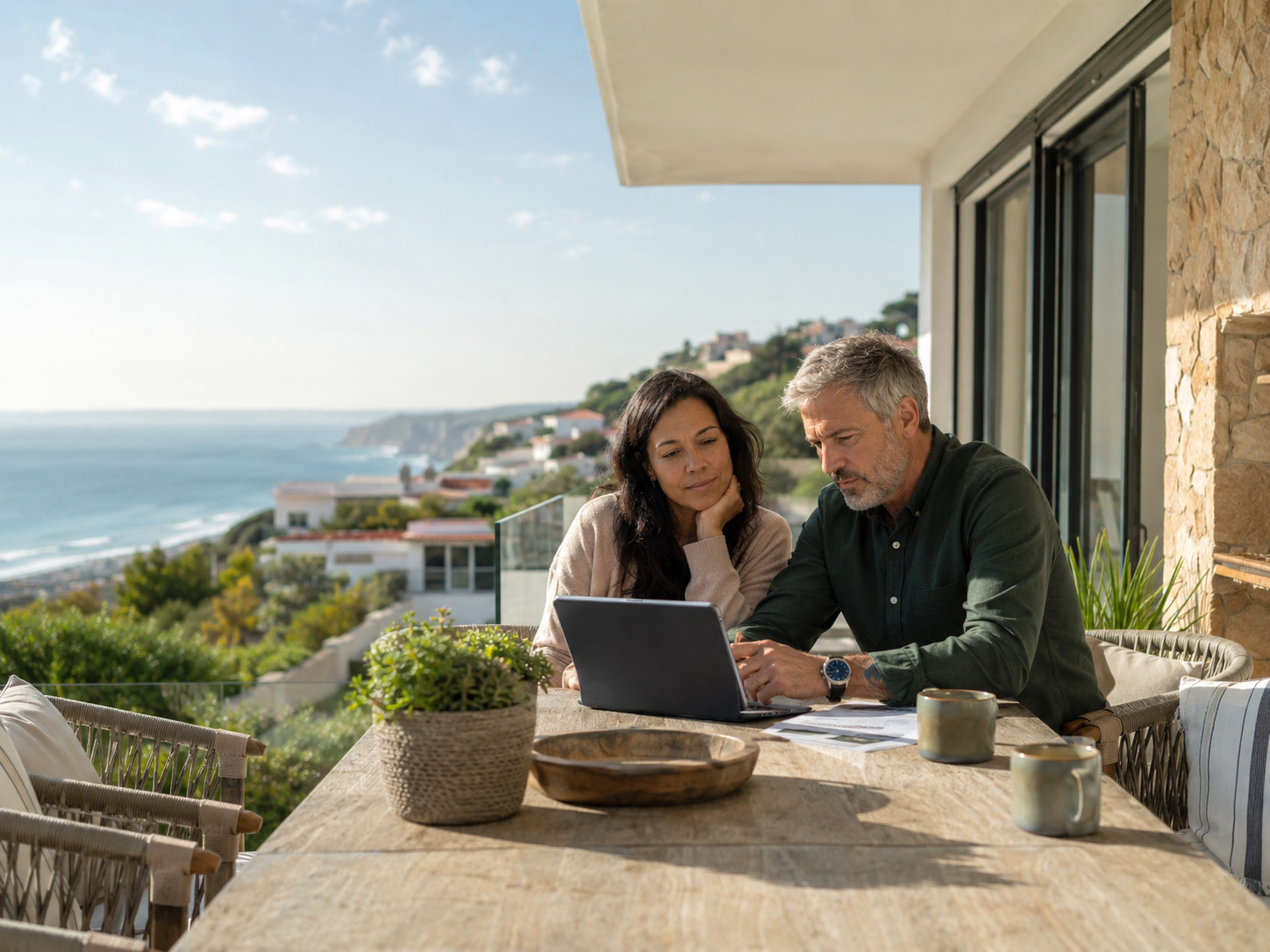 Casal de meia-idade a trabalhar num portátil num terraço com vista para a costa portuguesa | Casa Gold