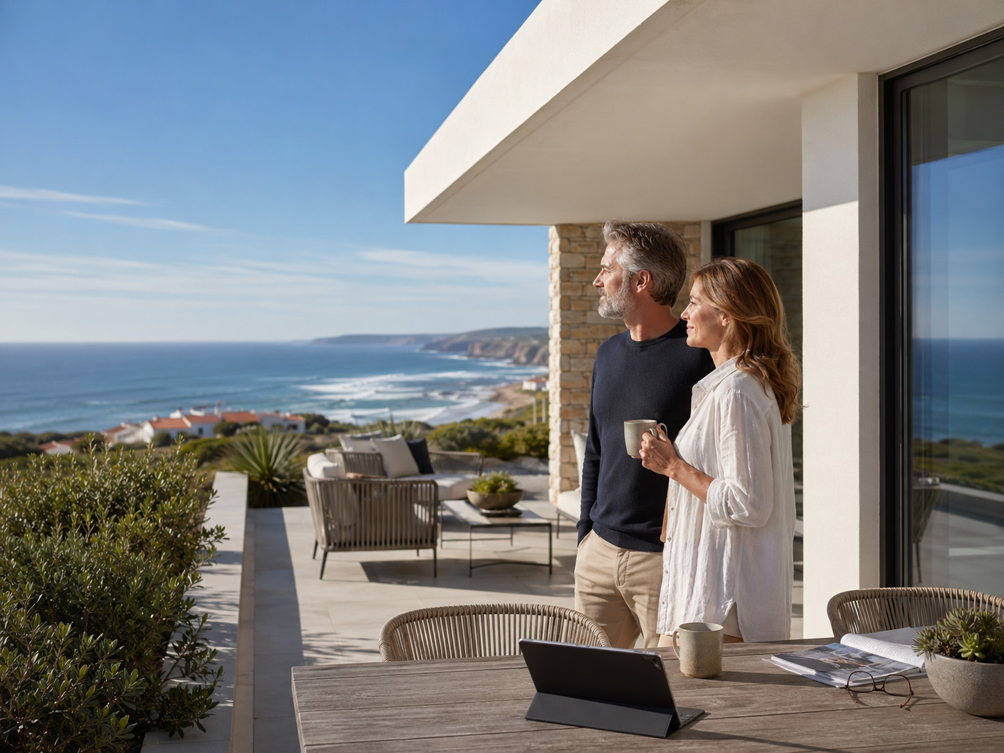 Middle-aged couple on a modern villa terrace with views of the Atlantic Ocean, with a tablet on the table | Casa Gold.