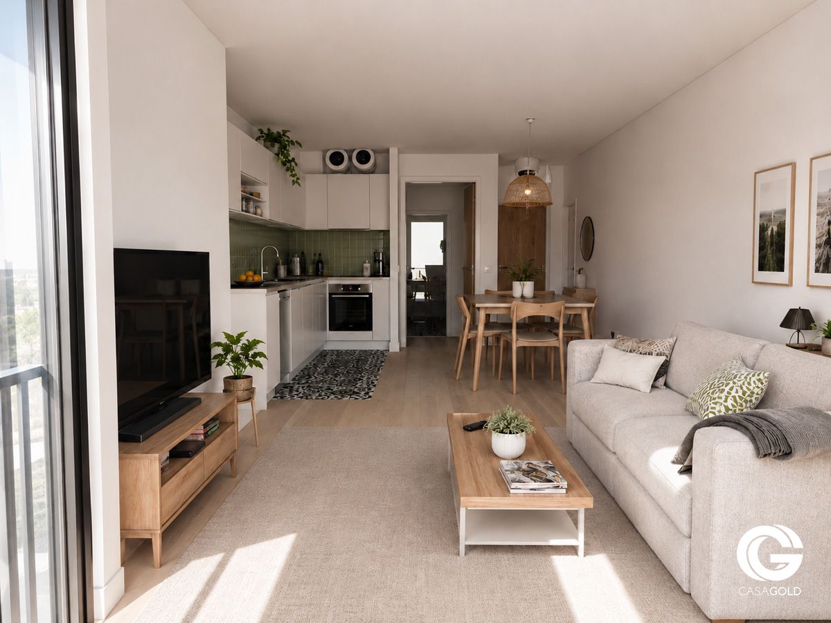 Imagem criada por IA da sala e cozinha em open space do projeto de apartamento T2 em Caldas da Rainha — Casa Gold