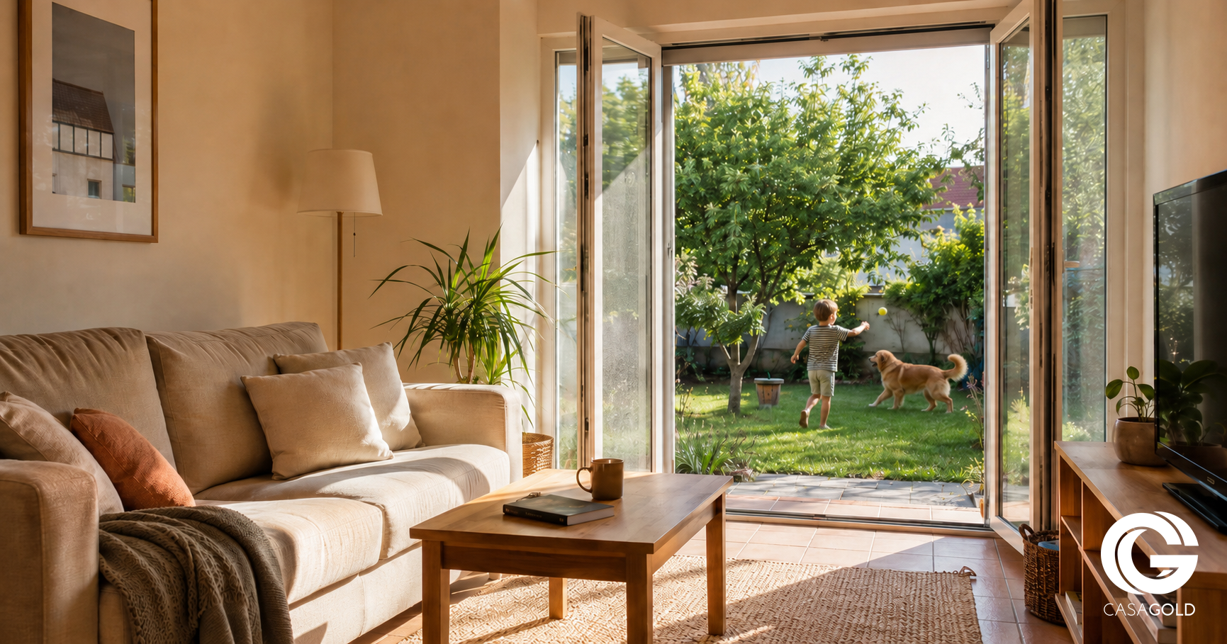 Sala acolhedora com vista para uma criança e um cão a brincar no jardim — Casa Gold.