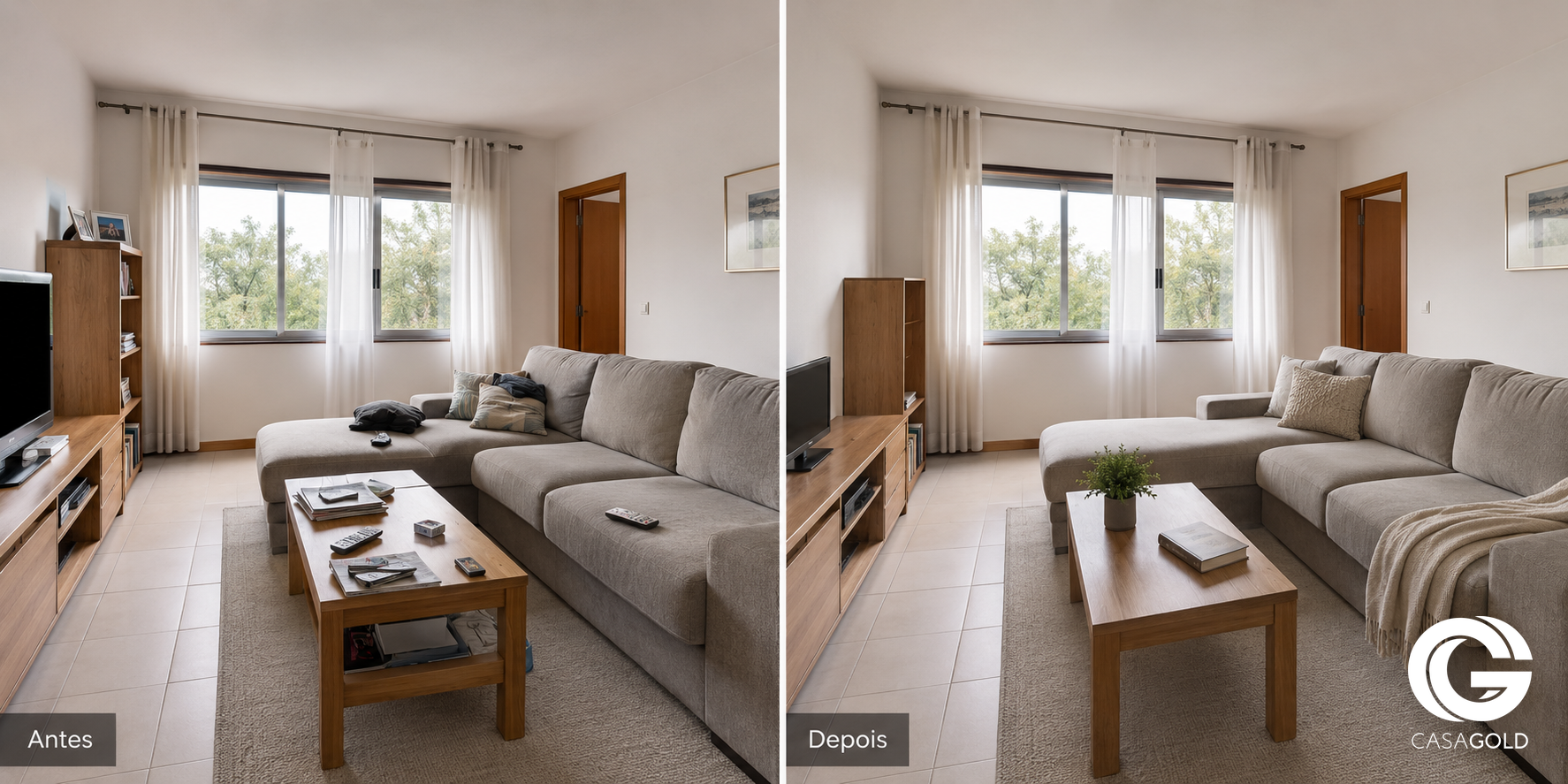 Comparação da mesma sala antes e depois de ser preparada para a venda de um imóvel — Casa Gold.