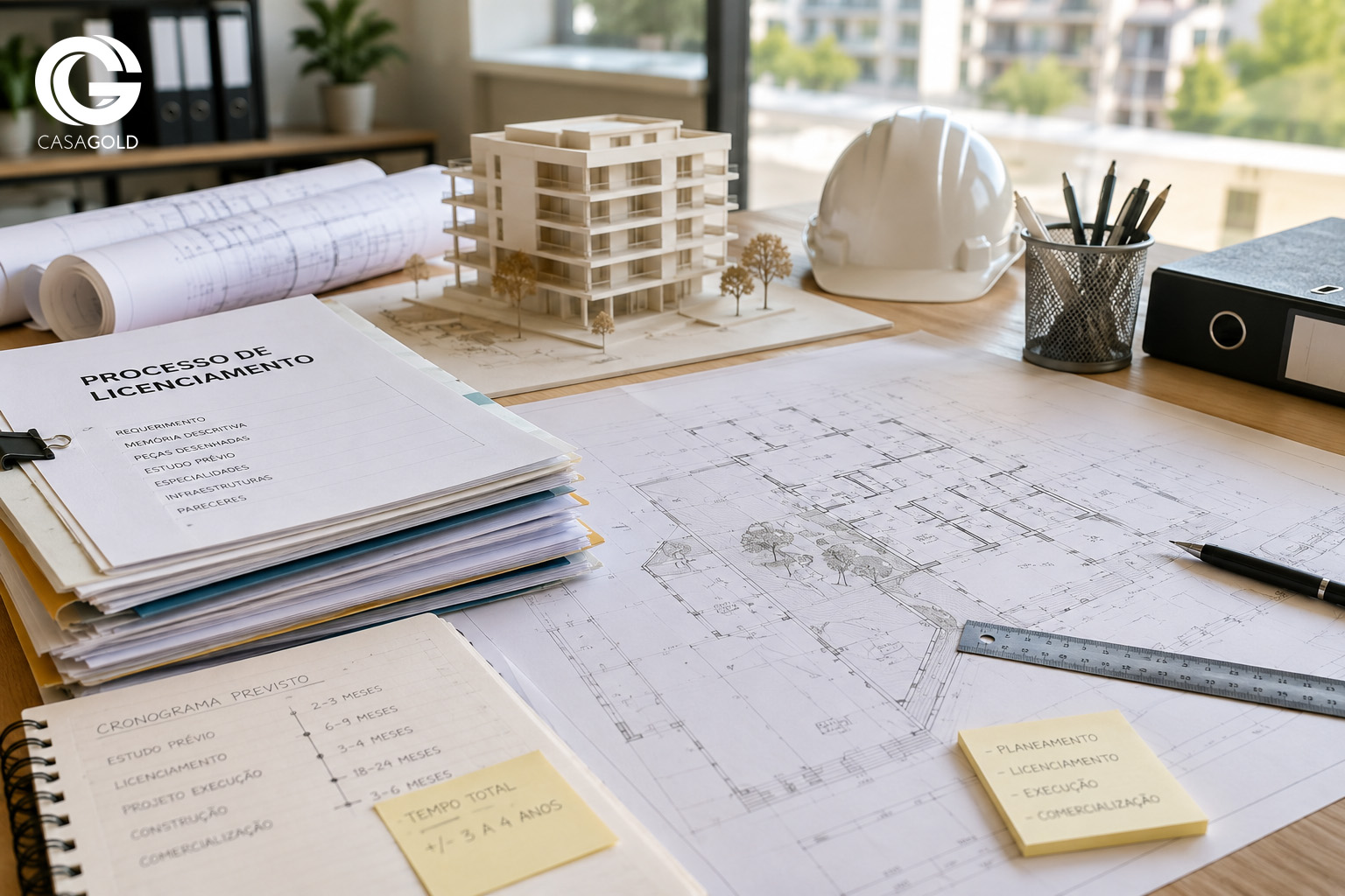 Obras de construção de novas habitações em Portugal, ilustrando o tempo real entre planeamento e entrega