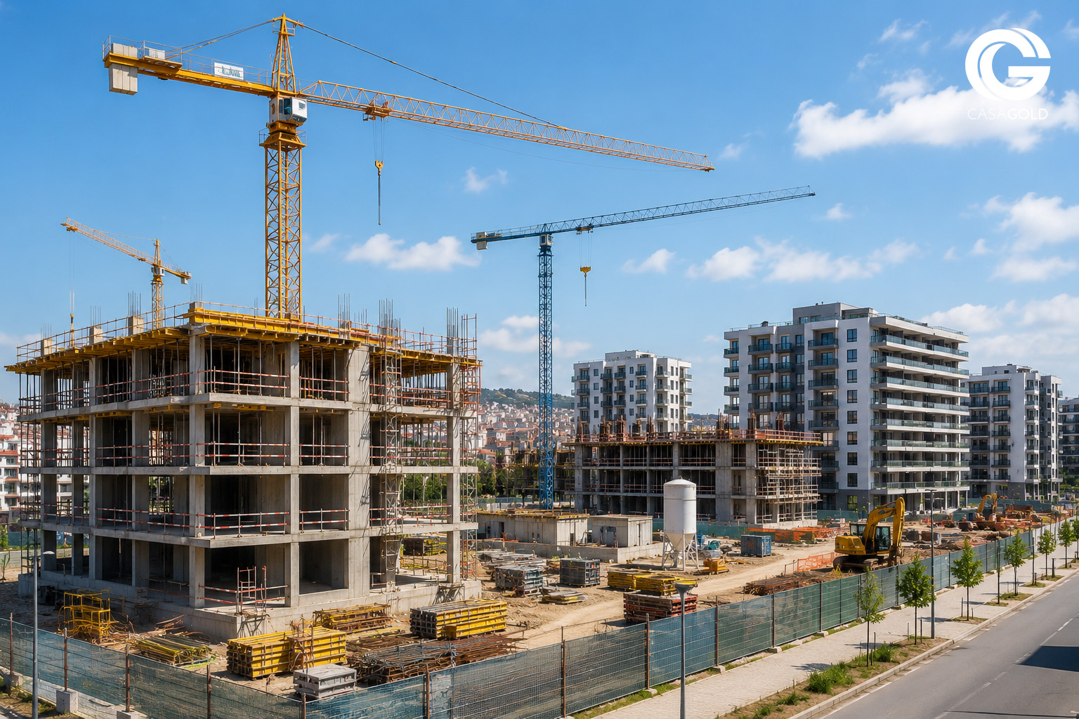 Estaleiro de construção habitacional em curso, associado ao debate sobre aumentar a oferta de casas